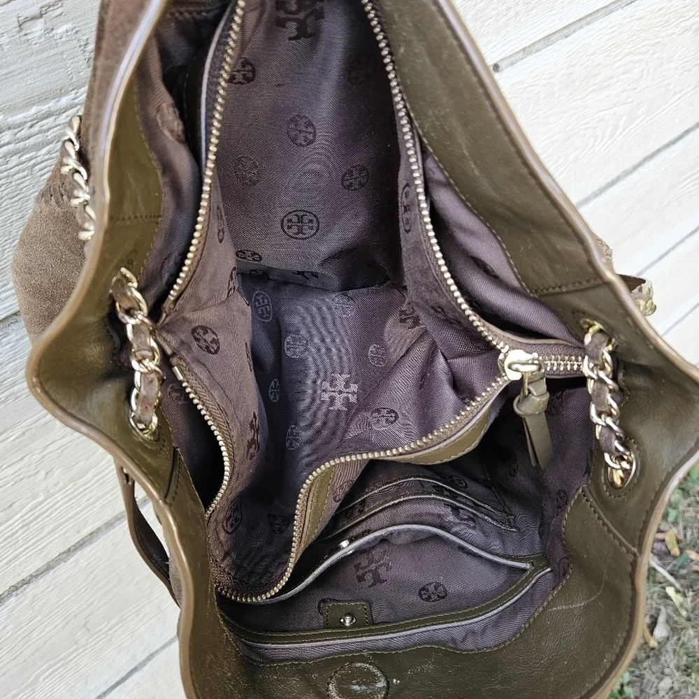 Tory Burch Marion Suede Chain Shoulder Slouchy Tote brown